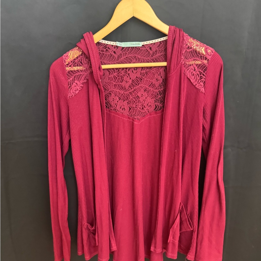 Maurices Burgundy Lace Cardigan